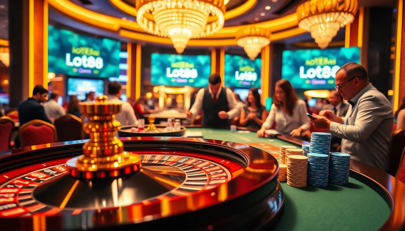 Experience the thrill of Loto188 at a vibrant casino table surrounded by excited players.